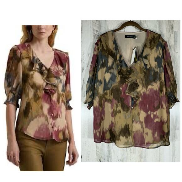 Lauren Ralph Lauren Blouse Size 2X Watercolor Floral Ruffle Vneck Lined Flowy - Picture 1 of 9